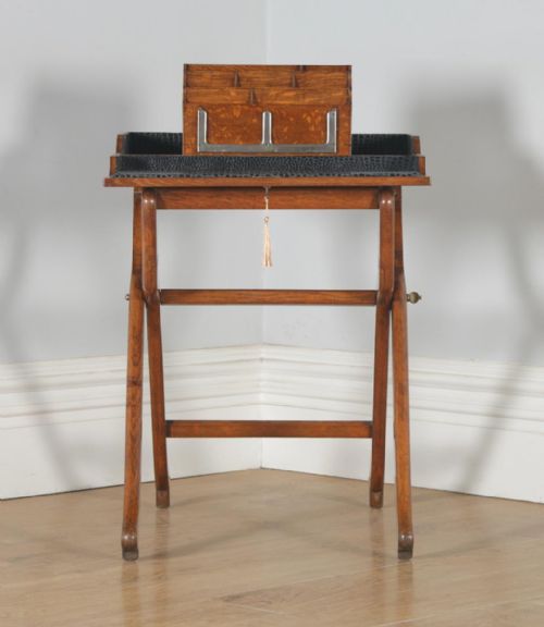fig 9. Antique English Victorian Oak Folding Campaign Writing Compendium Desk Table (Circa 1890)