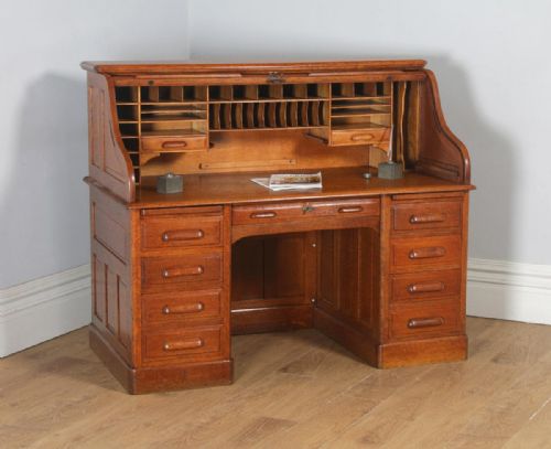 Antique English Edwardian 5ft Oak Roll Top Pedestal Office Writing Desk (Circa 1910)