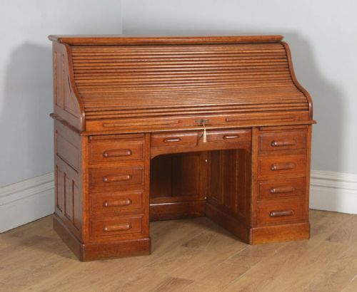 fig 1. Antique English Edwardian 5ft Oak Roll Top Pedestal Office Writing Desk (Circa 1910)