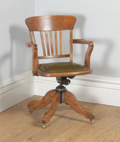 Antique English Edwardian Oak & Green Leather Revolving Office Desk Arm Chair (Circa 1910)