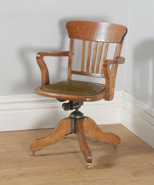fig 1. Antique English Edwardian Oak & Green Leather Revolving Office Desk Arm Chair (Circa 1910)