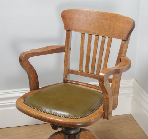 fig 2. Antique English Edwardian Oak & Green Leather Revolving Office Desk Arm Chair (Circa 1910)