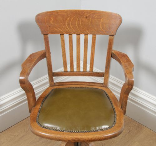 fig 3. Antique English Edwardian Oak & Green Leather Revolving Office Desk Arm Chair (Circa 1910)