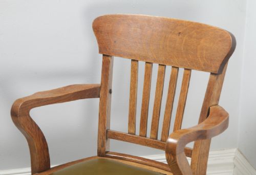 fig 4. Antique English Edwardian Oak & Green Leather Revolving Office Desk Arm Chair (Circa 1910)