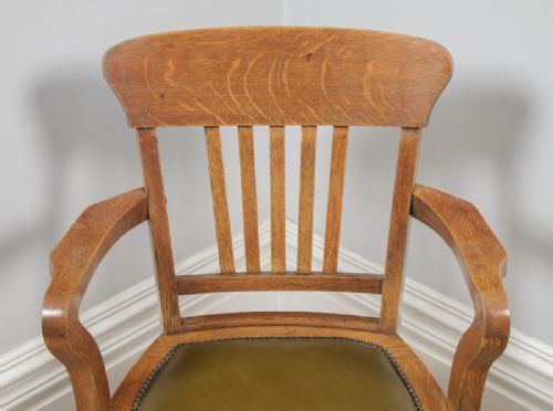fig 5. Antique English Edwardian Oak & Green Leather Revolving Office Desk Arm Chair (Circa 1910)