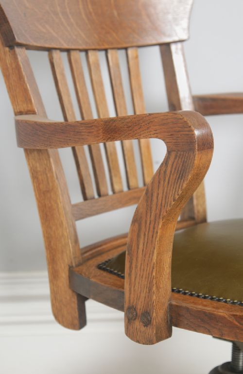fig 8. Antique English Edwardian Oak & Green Leather Revolving Office Desk Arm Chair (Circa 1910)