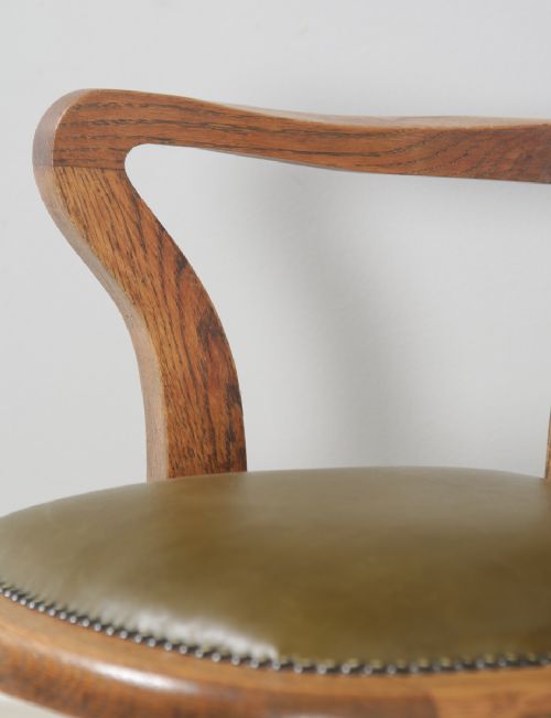 fig 9. Antique English Edwardian Oak & Green Leather Revolving Office Desk Arm Chair (Circa 1910)