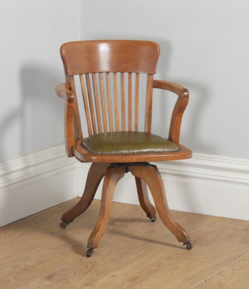 Antique Edwardian Oak & Green Leather Revolving Office Desk Arm Chair (Circa 1910)