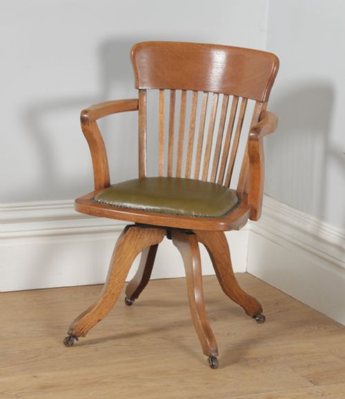 fig 1. Antique Edwardian Oak & Green Leather Revolving Office Desk Arm Chair (Circa 1910)