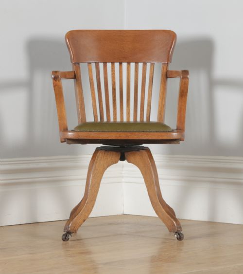 fig 2. Antique Edwardian Oak & Green Leather Revolving Office Desk Arm Chair (Circa 1910)