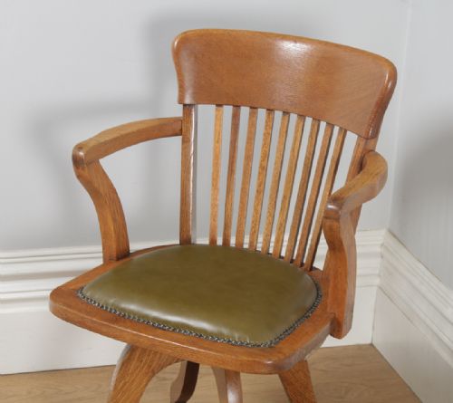 fig 3. Antique Edwardian Oak & Green Leather Revolving Office Desk Arm Chair (Circa 1910)