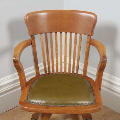 fig 5. Antique Edwardian Oak & Green Leather Revolving Office Desk Arm Chair (Circa 1910)