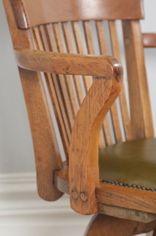 fig 7. Antique Edwardian Oak & Green Leather Revolving Office Desk Arm Chair (Circa 1910)