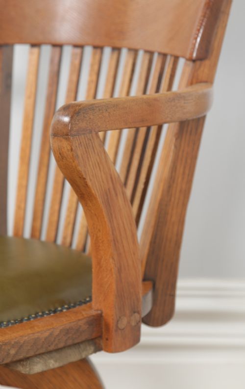 fig 10. Antique Edwardian Oak & Green Leather Revolving Office Desk Arm Chair (Circa 1910)