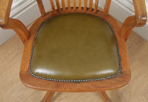 fig 11. Antique Edwardian Oak & Green Leather Revolving Office Desk Arm Chair (Circa 1910)