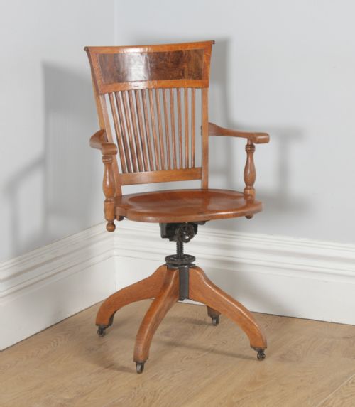 Antique American Edwardian Oak & Burr Walnut Revolving Office Desk Arm Chair by J.s. Ford, Johnson & Company of Chicago (Circa 1900)