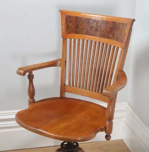 fig 1. Antique American Edwardian Oak & Burr Walnut Revolving Office Desk Arm Chair by J.S. Ford, Johnson & Company of Chicago (Circa 1900)