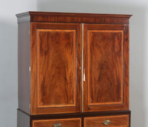 fig 1. Antique English Georgian Regency Flame Mahogany Linen Press Wardrobe Cupboard (Circa 1820)