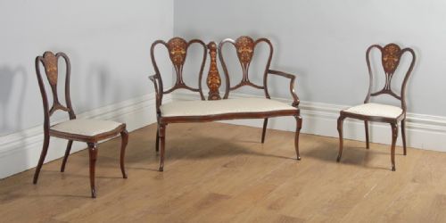 Antique English Victorian Three Piece Mahogany & Satinwood Marquetry Inlaid Salon Suite Sofa & Pair of Chairs (Circa 1890)