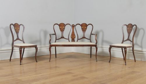 fig 1. Antique English Victorian Three Piece Mahogany & Satinwood Marquetry Inlaid Salon Suite Sofa & Pair of Chairs (Circa 1890)