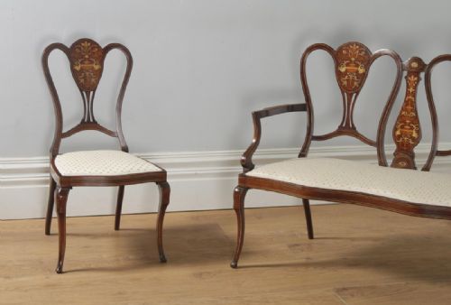 fig 2. Antique English Victorian Three Piece Mahogany & Satinwood Marquetry Inlaid Salon Suite Sofa & Pair of Chairs (Circa 1890)