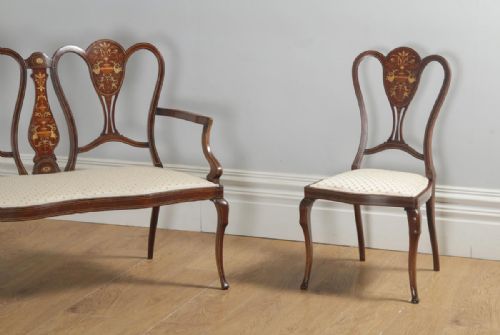 fig 3. Antique English Victorian Three Piece Mahogany & Satinwood Marquetry Inlaid Salon Suite Sofa & Pair of Chairs (Circa 1890)