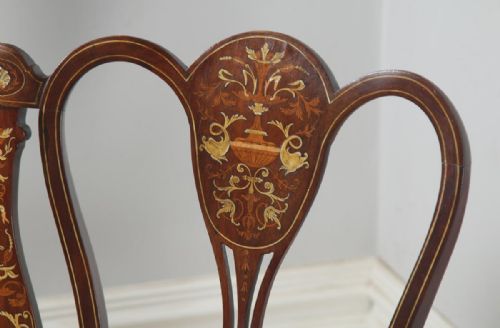 fig 6. Antique English Victorian Three Piece Mahogany & Satinwood Marquetry Inlaid Salon Suite Sofa & Pair of Chairs (Circa 1890)