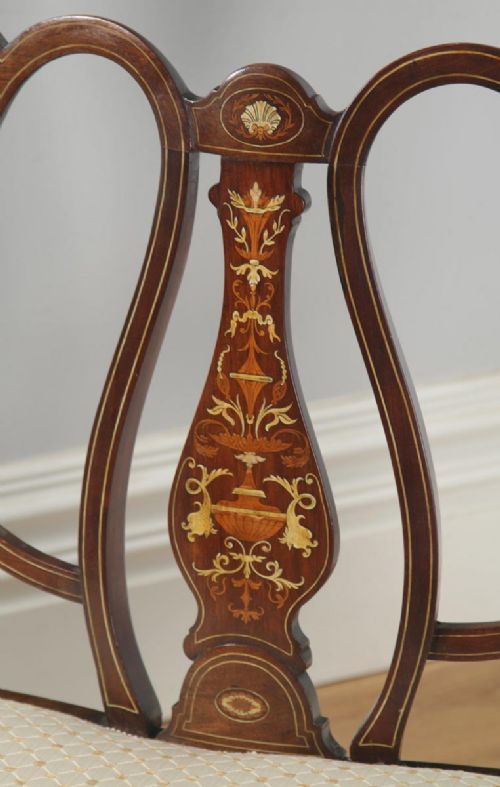 fig 7. Antique English Victorian Three Piece Mahogany & Satinwood Marquetry Inlaid Salon Suite Sofa & Pair of Chairs (Circa 1890)