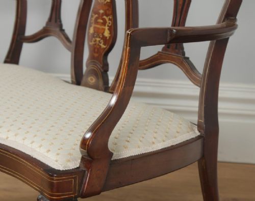 fig 9. Antique English Victorian Three Piece Mahogany & Satinwood Marquetry Inlaid Salon Suite Sofa & Pair of Chairs (Circa 1890)