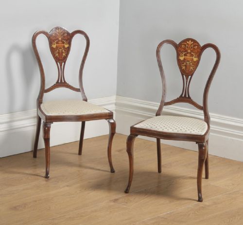 Antique English Victorian Pair of Mahogany & Satinwood Marquetry Inlaid Salon Side Chairs (Circa 1890)