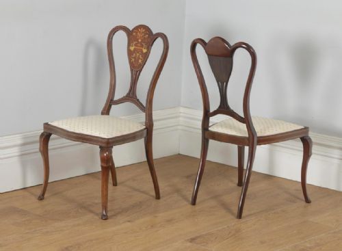 fig 1. Antique English Victorian Pair of Mahogany & Satinwood Marquetry Inlaid Salon Side Chairs (Circa 1890)