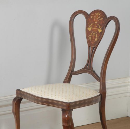 fig 2. Antique English Victorian Pair of Mahogany & Satinwood Marquetry Inlaid Salon Side Chairs (Circa 1890)