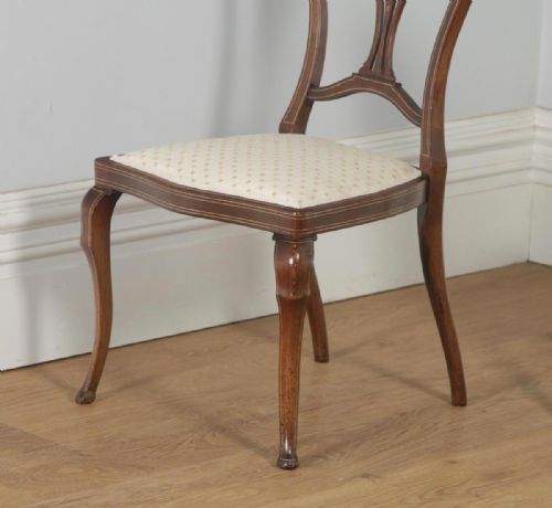 fig 3. Antique English Victorian Pair of Mahogany & Satinwood Marquetry Inlaid Salon Side Chairs (Circa 1890)