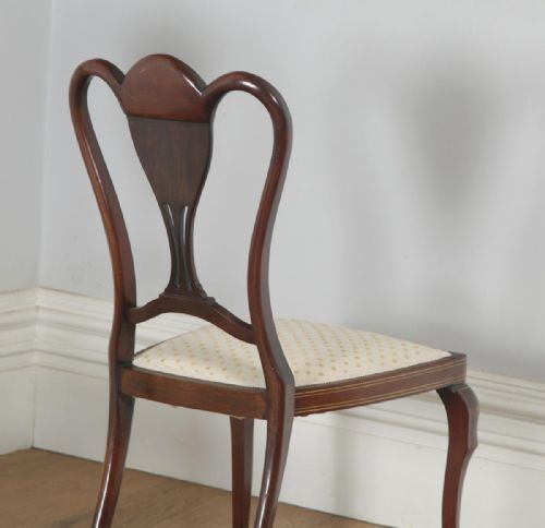 fig 4. Antique English Victorian Pair of Mahogany & Satinwood Marquetry Inlaid Salon Side Chairs (Circa 1890)