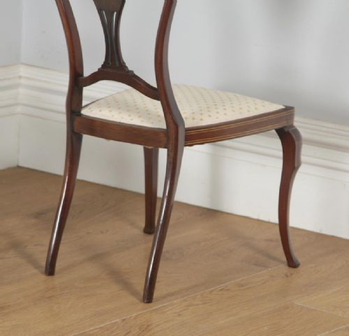 fig 5. Antique English Victorian Pair of Mahogany & Satinwood Marquetry Inlaid Salon Side Chairs (Circa 1890)