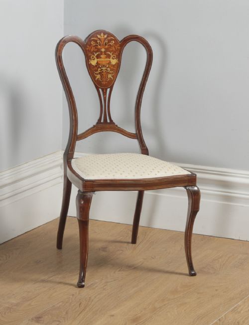 fig 6. Antique English Victorian Pair of Mahogany & Satinwood Marquetry Inlaid Salon Side Chairs (Circa 1890)