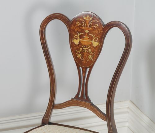 fig 7. Antique English Victorian Pair of Mahogany & Satinwood Marquetry Inlaid Salon Side Chairs (Circa 1890)