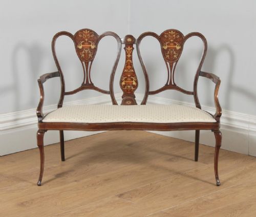 fig 1. Antique English Victorian Mahogany & Satinwood Marquetry Inlaid Salon Couch Sofa Settee (Circa 1890)