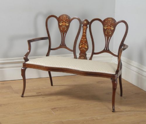 fig 2. Antique English Victorian Mahogany & Satinwood Marquetry Inlaid Salon Couch Sofa Settee (Circa 1890)