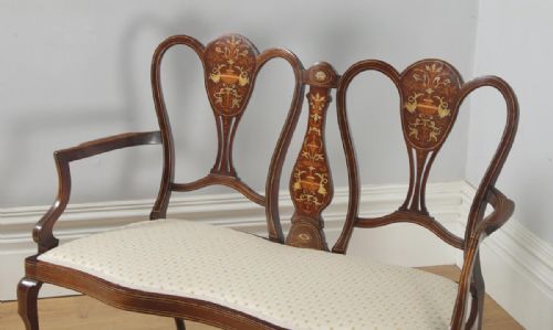 fig 3. Antique English Victorian Mahogany & Satinwood Marquetry Inlaid Salon Couch Sofa Settee (Circa 1890)