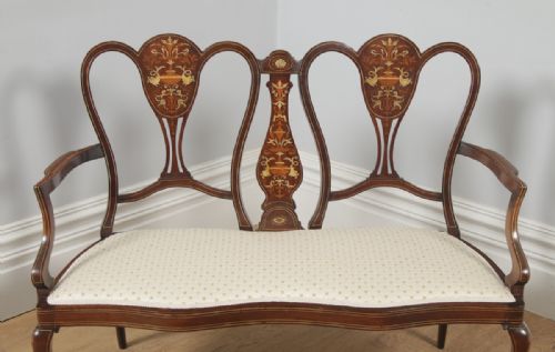 fig 4. Antique English Victorian Mahogany & Satinwood Marquetry Inlaid Salon Couch Sofa Settee (Circa 1890)