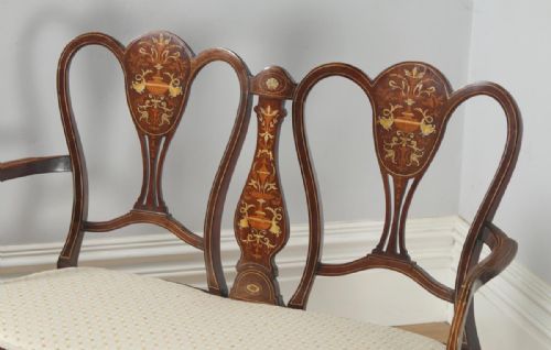 fig 5. Antique English Victorian Mahogany & Satinwood Marquetry Inlaid Salon Couch Sofa Settee (Circa 1890)