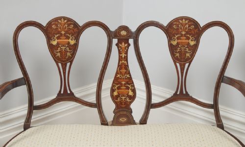 fig 6. Antique English Victorian Mahogany & Satinwood Marquetry Inlaid Salon Couch Sofa Settee (Circa 1890)