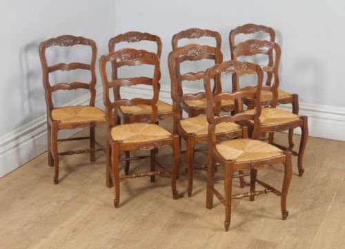 fig 1. Antique Set of Eight French Louis XV Style Oak Ladder Back Rush Seat Kitchen Dining Chairs (Circa 1910)