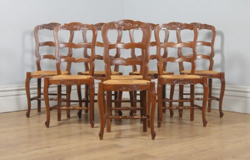 fig 2. Antique Set of Eight French Louis XV Style Oak Ladder Back Rush Seat Kitchen Dining Chairs (Circa 1910)