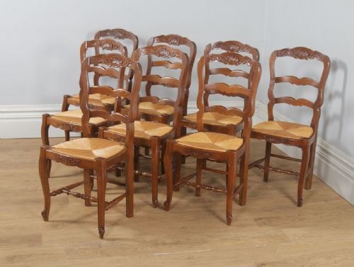fig 3. Antique Set of Eight French Louis XV Style Oak Ladder Back Rush Seat Kitchen Dining Chairs (Circa 1910)