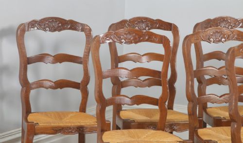 fig 4. Antique Set of Eight French Louis XV Style Oak Ladder Back Rush Seat Kitchen Dining Chairs (Circa 1910)