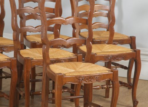 fig 5. Antique Set of Eight French Louis XV Style Oak Ladder Back Rush Seat Kitchen Dining Chairs (Circa 1910)