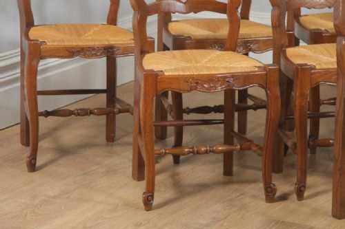 fig 6. Antique Set of Eight French Louis XV Style Oak Ladder Back Rush Seat Kitchen Dining Chairs (Circa 1910)