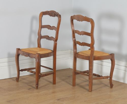 fig 7. Antique Set of Eight French Louis XV Style Oak Ladder Back Rush Seat Kitchen Dining Chairs (Circa 1910)